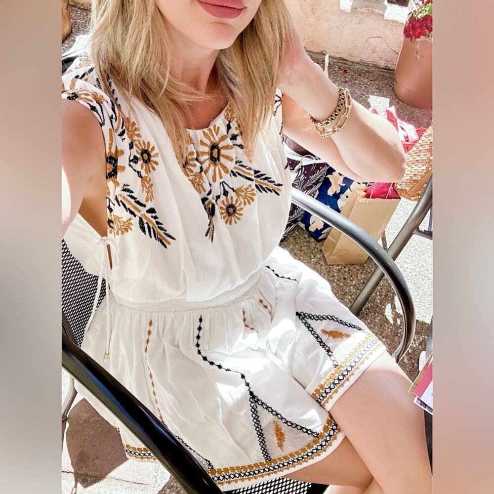Free People Floral Embroidered Smocked Tie Back Catalina Romper Ivory Combo S - Picture 14 of 14
